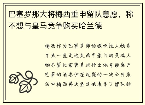 巴塞罗那大将梅西重申留队意愿，称不想与皇马竞争购买哈兰德